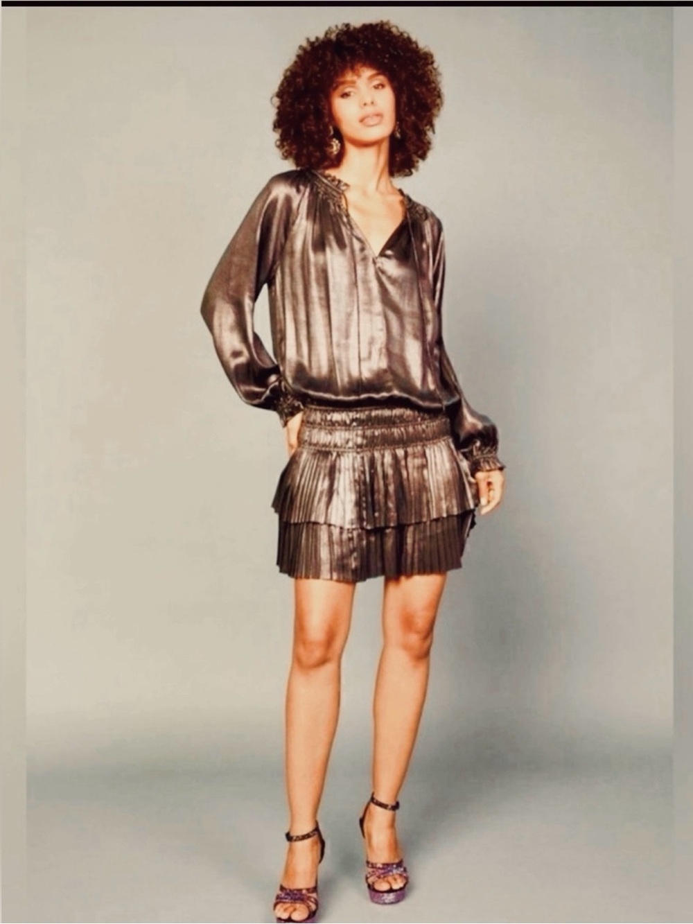 Current Air Metallic Brown Taupe Satin Tiered Dress, Size Medium